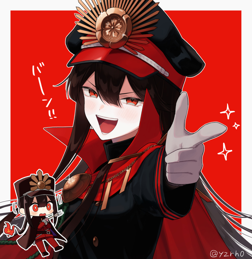 1boy 1girl :d arrow_through_heart belt black_belt black_cape black_hair black_hat black_jacket black_shoes border bright_pupils brother_and_sister cape center-flap_bangs chibi chibi_inset collared_cape crest family_crest fate/grand_order fate_(series) fiery_hair finger_gun gloves grey_gloves half-closed_eyes hands_on_own_chest hat high_collar jacket kepi light_blush long_hair long_sleeves looking_at_viewer low_ponytail medallion military_hat military_uniform motion_lines oda_nobukatsu_(fate) oda_nobunaga_(fate) oda_uri open_mouth outline pants peaked_cap ponytail popped_collar portrait red_background red_cape red_eyes red_jacket red_pants shoes siblings smile sparkle twitter_username v-shaped_eyebrows white_border white_outline white_pupils wide-eyed yzrh0