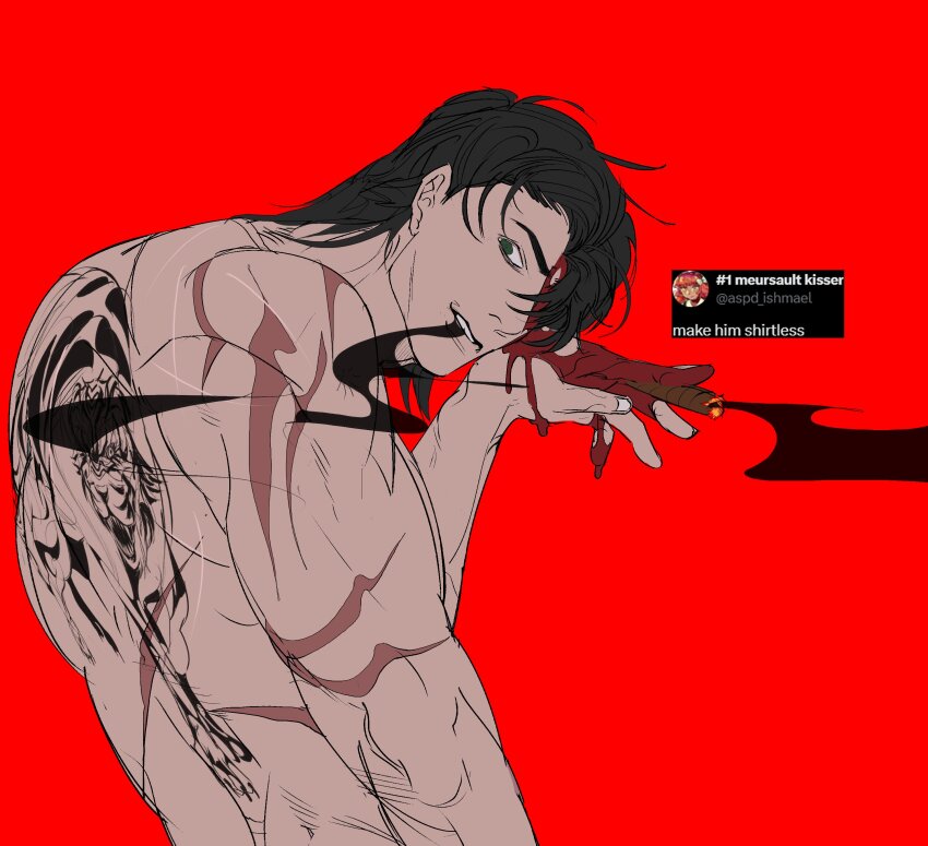 05_soleil 1boy absurdres arm_up back_tattoo black_eyes black_hair blood blood_from_forehead blood_on_face blood_on_hands cigar hair_over_one_eye highres holding holding_cigar limbus_company looking_back male_focus meursault_(project_moon) multiple_scars nude project_moon red_background request_inset scar scar_on_arm scar_on_back scars_all_over slouching smoking solo tattoo thumb_(identity)_(project_moon) too_many upper_body wolf_cut
