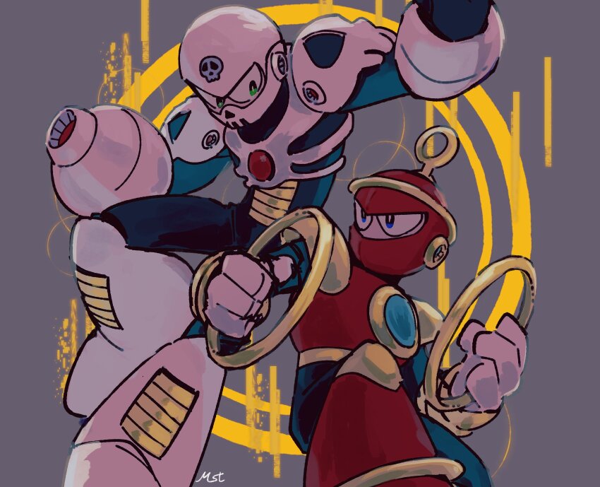 1278mkyp 2boys arm_cannon blue_eyes covered_mouth eye_contact green_eyes helmet highres holding holding_jewelry holding_ring jewelry looking_at_another male_focus mega_man_(classic) mega_man_(series) mega_man_4 multiple_boys ring ring_man robot skull_man weapon