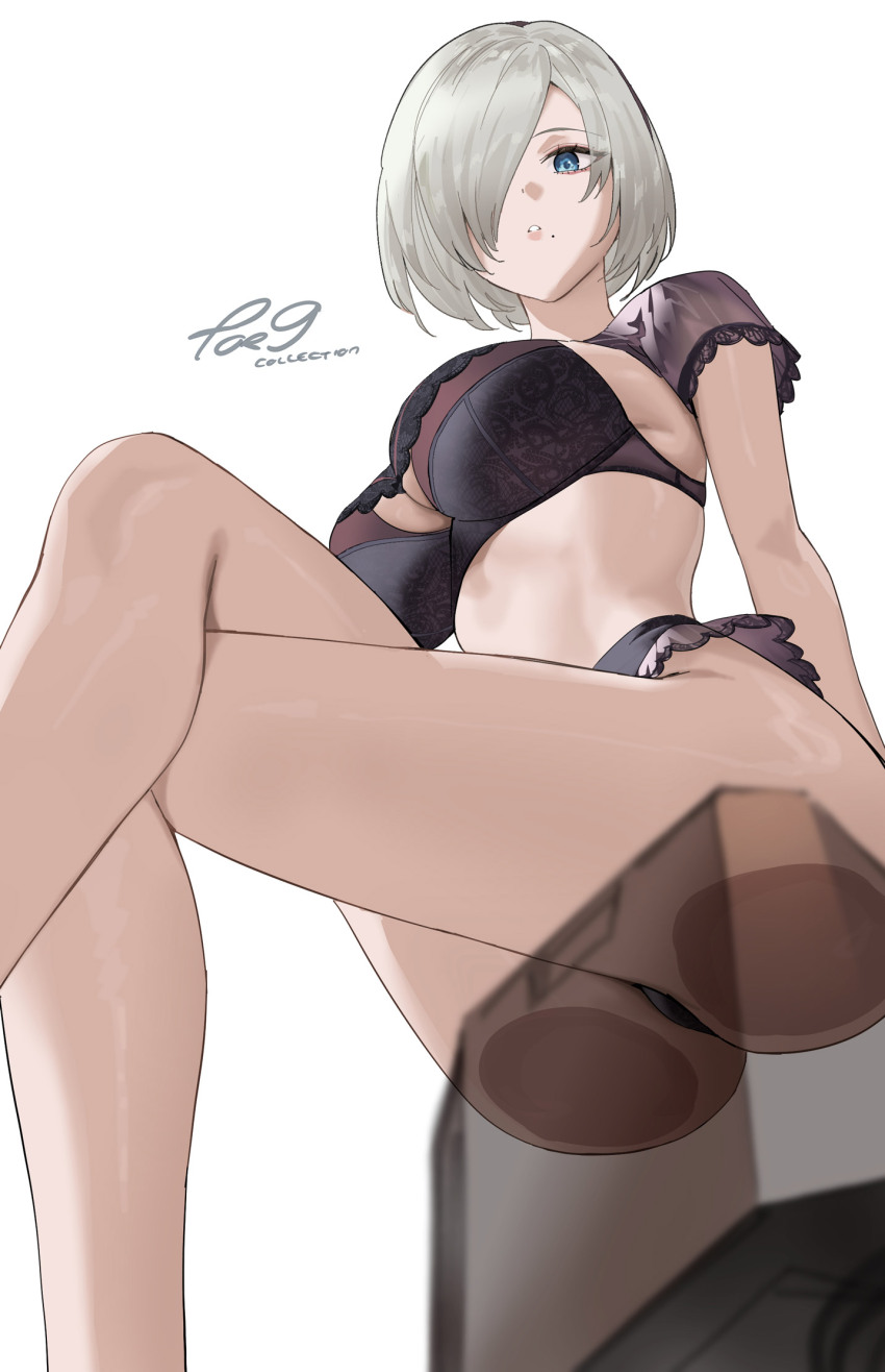 1girl 2b_(nier:automata) :o artist_name ass bare_legs black_bra black_panties blue_eyes bra breasts commentary cross feet_out_of_frame from_below grey_hair hair_over_one_eye highres large_breasts legs mole mole_under_mouth nier:automata nier_(series) one_eye_covered panties salmon88 short_hair sitting solo stomach underwear white_background