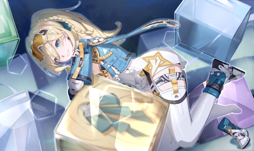 1girl absurdres aged_down blonde_hair blue_eyes braid breasts cube durandal_(honkai_impact) durandal_(reign_solaris)_(honkai_impact) fingerless_gloves gloves goggles goggles_on_head hair_between_eyes highres honkai_(series) honkai_impact_3rd jacket ling_kongling long_hair looking_at_viewer ponytail ribbon shorts small_breasts smile solo thighhighs white_thighhighs