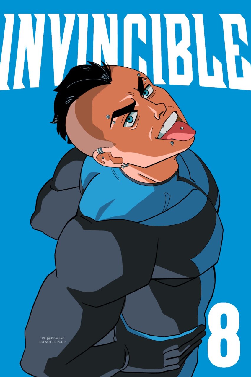 1boy black_gloves black_hair blue_background blue_eyes ear_piercing eyebrow_piercing face_piercing flying gloves highres invincible_(series) mohawk mohawk_mark piercing smile solo superhero_costume tongue tongue_out tongue_piercing wimple