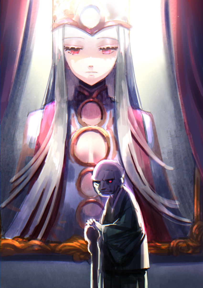 1boy 1girl bald breasts cane cleavage cleavage_cutout clothing_cutout commentary_request crown dress_of_heaven fate/stay_night fate_(series) highres holding holding_cane japanese_clothes justeaze_lizrich_von_einzbern long_hair matou_zouken medium_breasts old old_man painting_(object) picture_frame portrait_(object) revision ycco_(estrella)