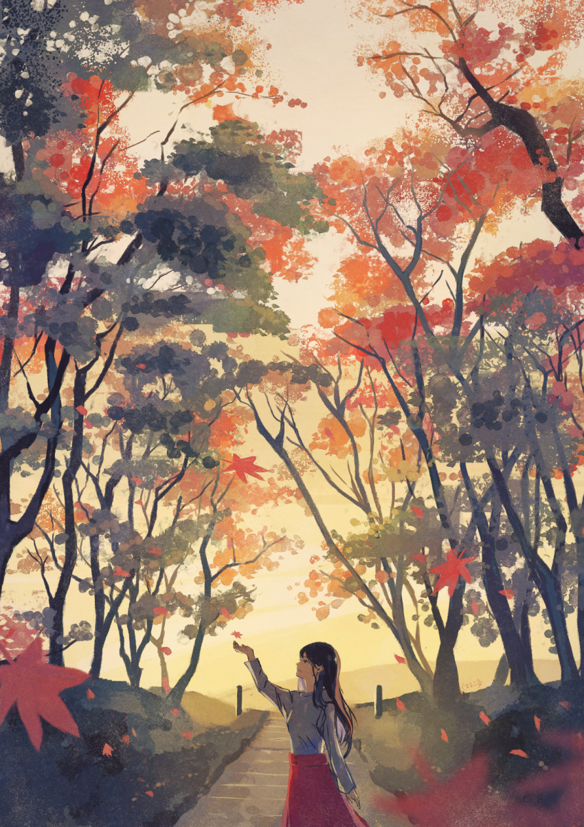1girl arm_at_side autumn_leaves backlighting black_eyes black_hair closed_mouth commentary_request cowboy_shot evening expressionless falling_leaves forest from_side harucoro25 highres hill leaf long_hair long_sleeves looking_at_object maple_leaf nature original outdoors outstretched_arm path pink_skirt plant plant_focus road scenery shirt skirt solo standing white_shirt wide_shot