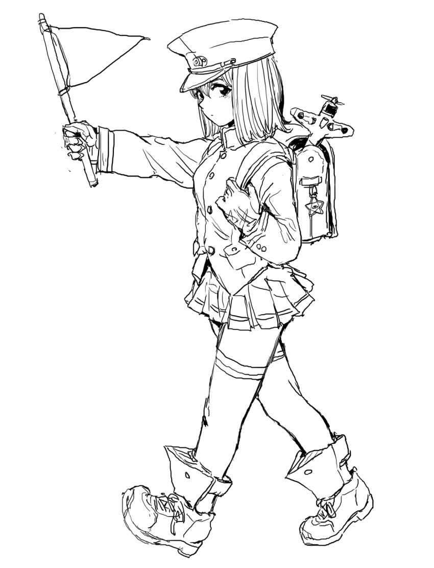 1girl akitsu_maru_(kancolle) backpack bag bag_charm charm_(object) flag from_side full_body gakuran gloves greyscale hat highres holding holding_flag holding_strap kantai_collection lineart long_sleeves looking_at_viewer looking_to_the_side medium_hair miniskirt monochrome osakana_(denpa_yun&#039;yun) outstretched_arm peaked_cap pentagram pleated_skirt randoseru school_uniform shoes simple_background skirt sneakers solo thighhighs toy_airplane