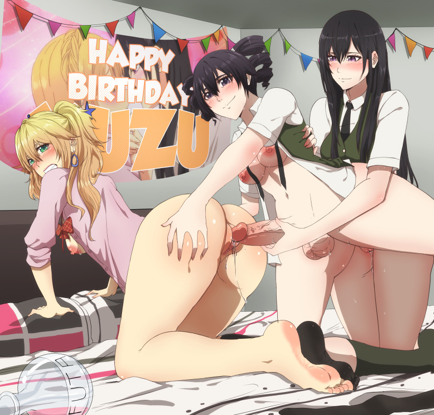 1futa 2girls absurdres aihara_mei aihara_yuzu artntai assisted_sex bottomless citrus_(saburouta) cuckquean futa_with_female futanari group_sex guided_penetration highres momokino_himeko multiple_girls nipples penis school_uniform shocked_pupils tagme testicles threesome