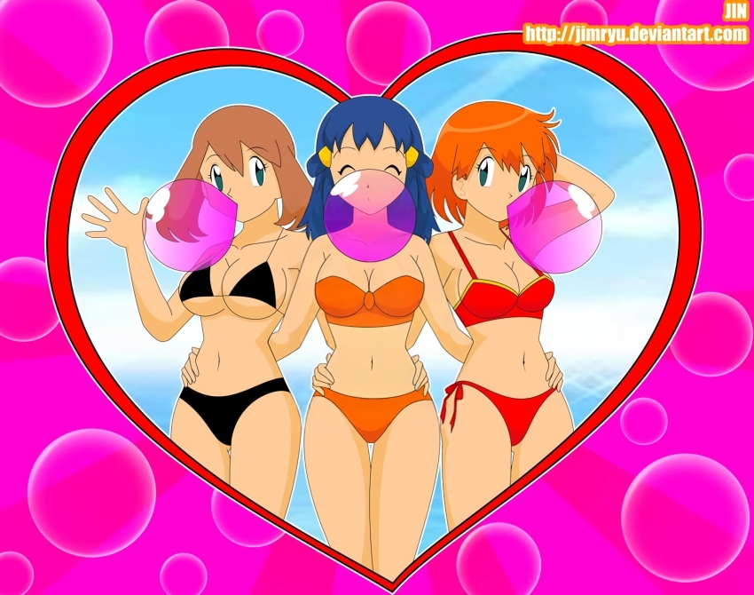 3girls arm_around_waist arm_behind_head arm_up bikini black_bikini blowing_bubbles blue_eyes blue_hair breasts brown_hair bubble bubble_background chewing_gum cleavage closed_eyes cloud collarbone dawn_(pokemon) day hair_ornament hairclip heart highres hourglass_body_figure jimryu large_breasts long_hair may_(pokemon) medium_breasts misty_(pokemon) multiple_girls nintendo ocean orange_bikini orange_hair outdoors pink_background pokemon red_bikini short_hair side-tie_bikini_bottom sky strapless strapless_bikini sunburst sunburst_background swimsuit water watermark wavy_hair web_address