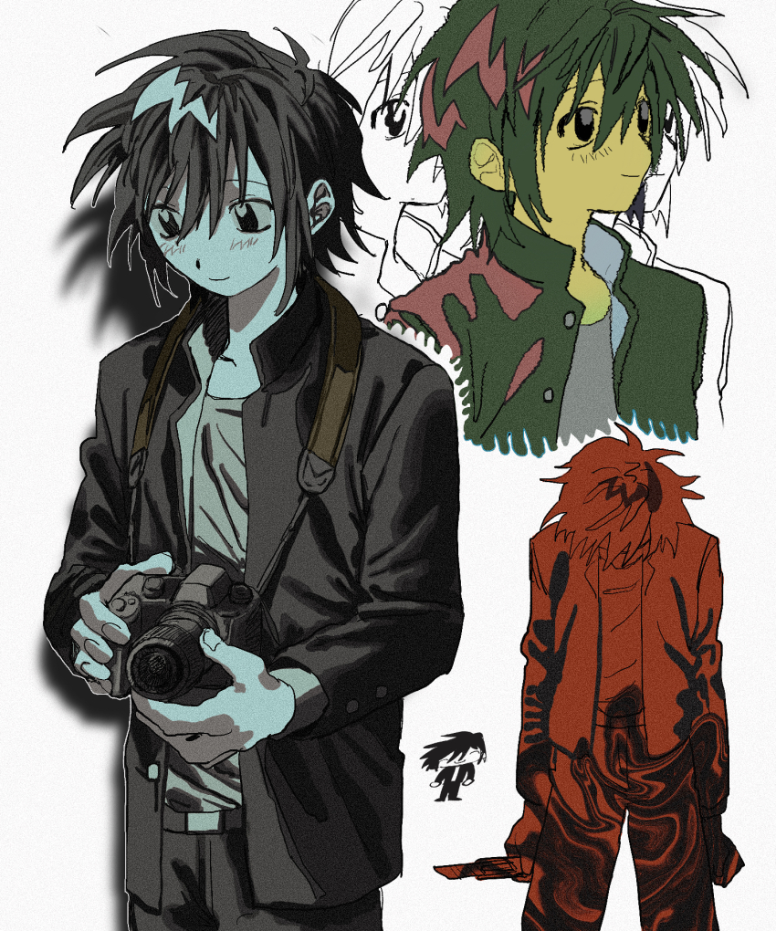 1boy black_eyes black_hair boxcutter camera commentary_request cowboy_shot gakuran highres holding holding_boxcutter holding_camera male_focus multiple_views randal&#039;s_friends school_uniform short_hair simple_background single-lens_reflex_camera tami_tome_mo tsukada_satoru white_background