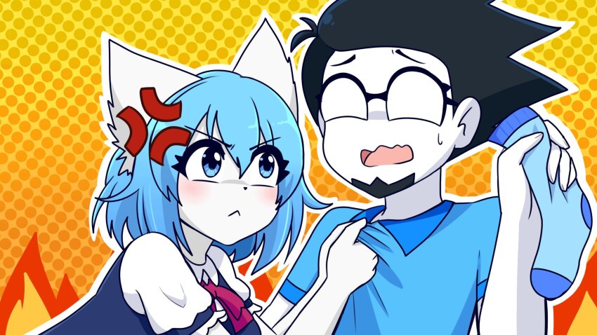 1boy 1girl :&lt; anger_vein angry animal_ears beard blue_eyes blue_hair blue_shirt colored_skin commentary english_commentary facial_hair fire glaring gripping_clothes highres holding_sock indie_virtual_youtuber no_eyes no_nose polka_dot polka_dot_background scowl shirt socks theamaazing unworn_socks virtual_youtuber wolf_ears wolf_girl wolfychu wolfychu_(artist)
