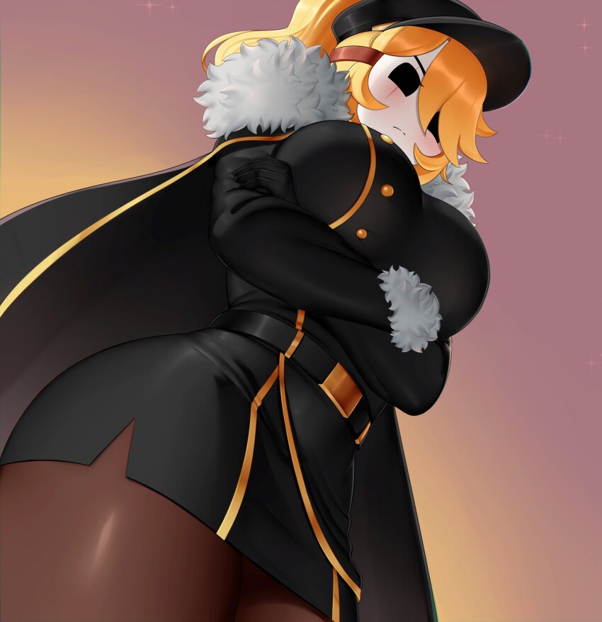 1girl 2024 absurdres alternate_costume annoyed arms_under_breasts belt belt_buckle black_belt black_cape black_dress black_gloves black_hat blonde_hair blush borrowed_character breasts brown_pantyhose buckle cape commentary commission cowboy_shot crossed_arms dress english_commentary female_focus foreshortening from_below frown fur-trimmed_cape fur-trimmed_sleeves fur_trim gloves gold_trim hair_over_one_eye hat highres huge_breasts large_breasts legs_together locket_white_(bakalorin) long_sleeves looking_at_viewer mario_(series) military_hat nintendo original pantyhose purple_sky shy_gal sky solo standing swept_bangs turtleneck turtleneck_dress twilight white_mask yuulis27