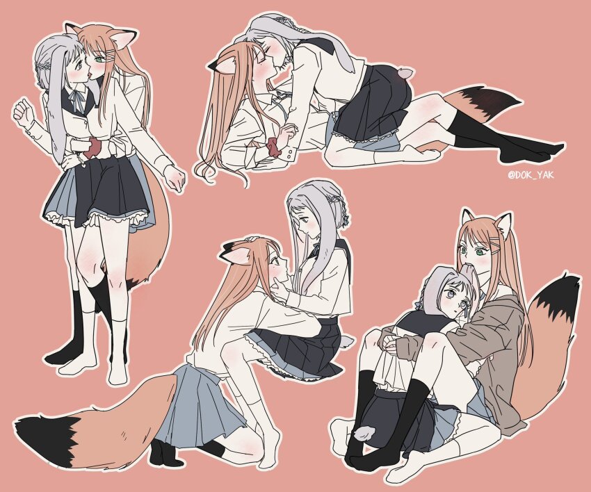 2girls animal_ears between_legs biting biting_ear black_sailor_collar black_skirt black_socks blue_ribbon blue_skirt blush closed_eyes collared_shirt commentary_request fox_ears fox_girl fox_tail french_kiss gakuen_idolmaster grey_eyes highres hug idolmaster katsuragi_lilja kemonomimi_mode kiss kneehighs leg_between_thighs long_hair lop_rabbit_ears multiple_girls neck_ribbon orange_hair outline peach_1111_p pink_background pleated_skirt rabbit_ears rabbit_girl rabbit_tail ribbon sailor_collar scrunchie shirt shiun_sumika simple_background skirt socks tail tongue tongue_out white_outline white_shirt white_socks wrist_scrunchie yuri
