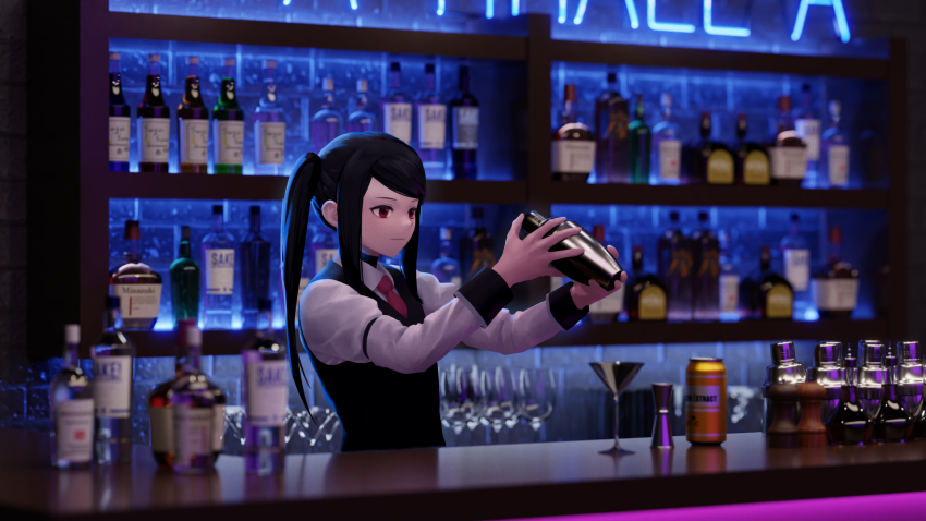 1girl 3d bar_(place) bartender bottle closed_mouth commentary_request drink highres holding jill_stingray long_hair long_sleeves megusuri_nodoame_kuensan necktie purple_hair red_eyes red_necktie shirt sidelocks smile solo swept_bangs twintails upper_body va-11_hall-a vest white_shirt