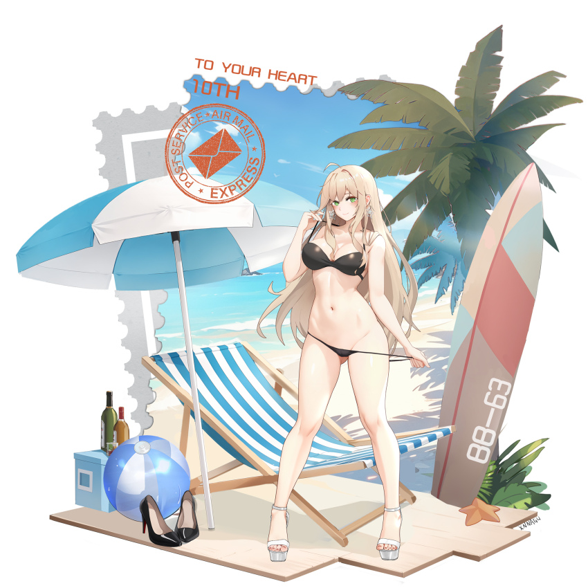 1girl ball beach beach_chair beach_umbrella beachball bikini black_bikini blonde_hair blue_sky breasts day earrings green_eyes high_heels highres jewelry large_breasts long_hair missouri_(warship_girls_r) navel ocean palm_tree sand sandals sky solo star_(symbol) star_earrings surfboard swimsuit tree umbrella very_long_hair warship_girls_r xnnagu