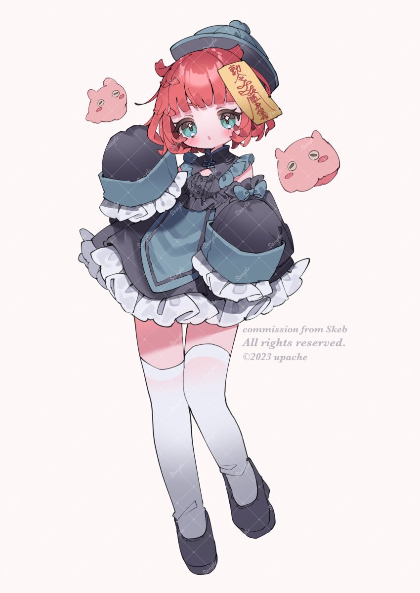 1girl :o amakasa_porupo artist_name black_dress black_shoes blunt_bangs blush bow commentary commission dress frilled_dress frilled_sleeves frills full_body green_bow green_hat hat highres indie_virtual_youtuber long_sleeves open_mouth red_hair sample_watermark shoes short_hair simple_background skeb_commission sleeve_bow sleeves_past_fingers sleeves_past_wrists solo standing standing_on_one_leg thighhighs upache virtual_youtuber watermark watermark_grid white_background white_thighhighs