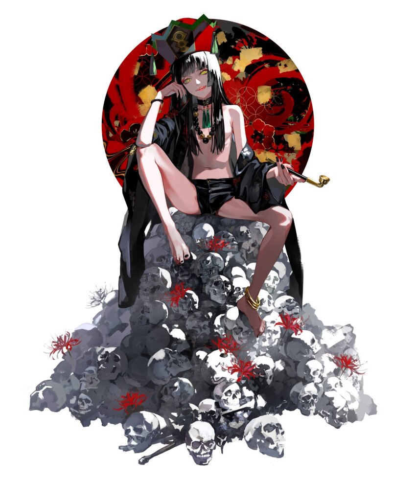 1girl anklet bare_legs bare_shoulders barefoot bead_bracelet beads black_hair black_nails black_necktie black_shorts bracelet commentary_request flower hand_up hat highres holding holding_smoking_pipe jewelry kiseru lam_(ramdayo) licking_lips long_hair looking_at_viewer nail_polish navel necktie off_shoulder open_clothes original pile_of_skulls red_flower red_hat shorts sitting skull smoking_pipe solo spider_lily toenail_polish toenails tongue tongue_out white_background yellow_eyes
