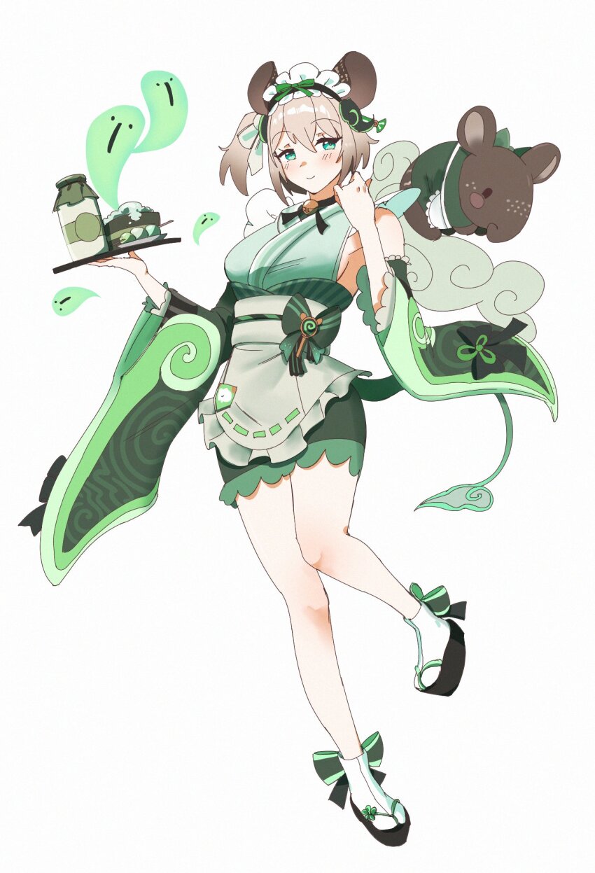 1girl animal_ears apron bare_shoulders bell black_choker bottle bow bow_legwear brown_hair choker closed_mouth commentary cosplay dango detached_sleeves english_commentary food frilled_hairband frilled_sleeves frills full_body genshin_impact green_bow green_eyes green_kimono green_tail grey_background hair_between_eyes hair_ribbon hairband hands_up highres holding holding_tray indie_virtual_youtuber japanese_clothes kimono light_blush long_sleeves looking_at_viewer milk_bottle naplings_(nimi_nightmare) nimi_nightmare nimi_nightmare_(tapir) obi obiage obijime okobo one_side_up platform_sandals ribbon sandals sash short_hair short_kimono simple_background sleeve_bow sleeveless sleeveless_kimono smile socks solo tabi tail tapir tapir_ears tapir_girl tray virtual_youtuber wagashi waist_apron white_apron white_ribbon white_sash white_socks wide_sleeves yorobisan yumemizuki_mizuki yumemizuki_mizuki_(cosplay)