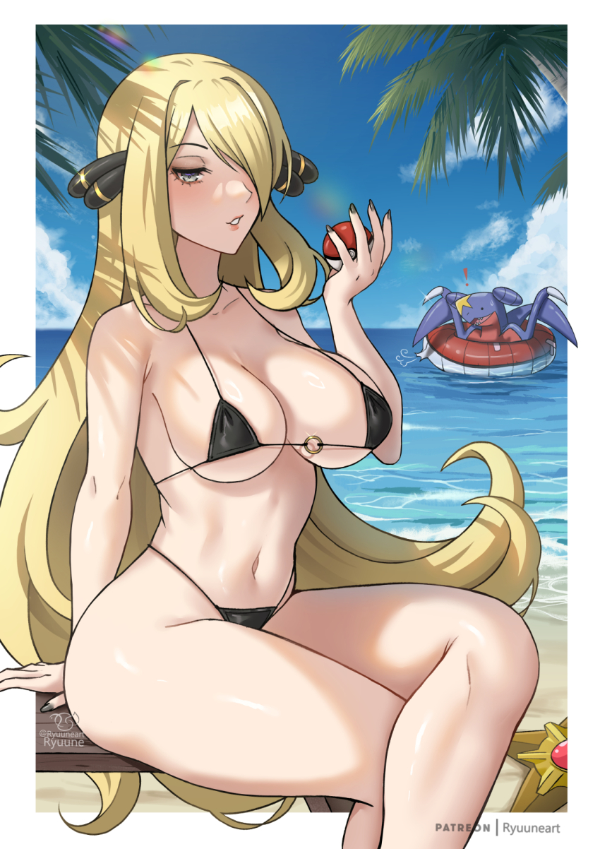 1girl bare_shoulders beach bikini black_bikini blonde_hair breasts cleavage cynthia_(pokemon) garchomp gen_1_pokemon gen_4_pokemon grey_eyes hair_ornament hair_over_one_eye highres long_hair looking_at_viewer navel nintendo poke_ball poke_ball_(basic) pokemon pokemon_dppt ryuuneart staryu swimsuit thighs