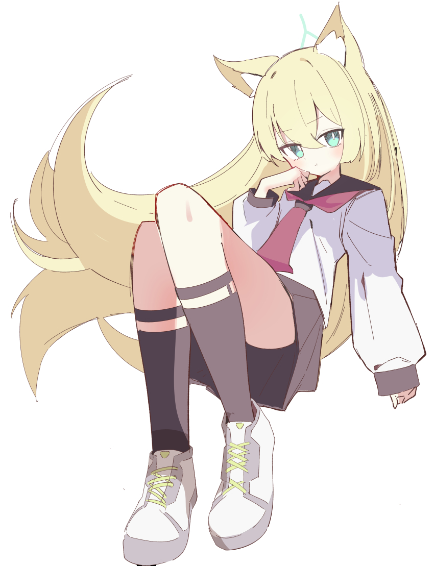 1girl absurdres animal_ears blonde_hair blue_archive fox_ears fox_girl green_eyes green_halo grey_sailor_collar grey_skirt halo highres kurumi_(blue_archive) looking_at_viewer neckerchief red_neckerchief ria_(52266382) sailor_collar school_uniform serafuku shirt skirt solo thighs white_shirt