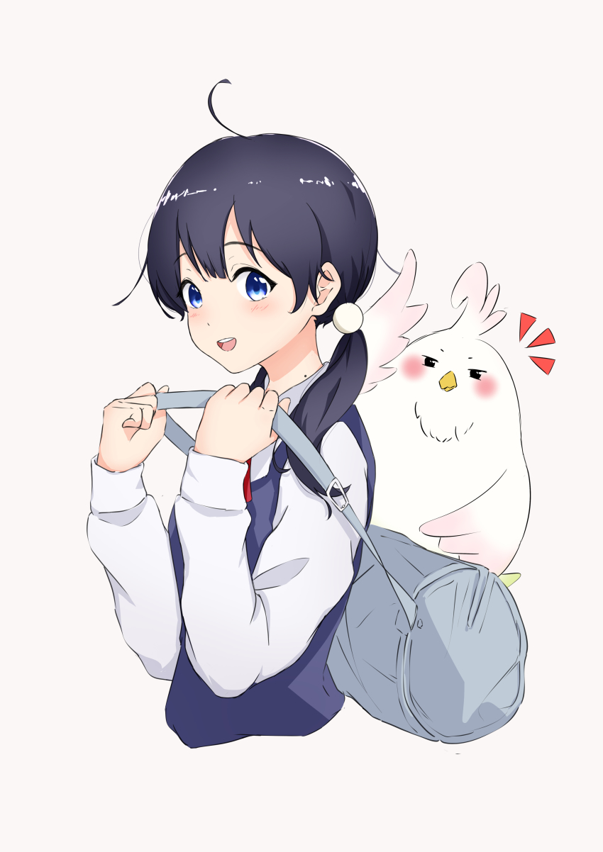 1girl absurdres ahoge bag bird black_hair blouse blue_eyes blue_sweater_vest commentary_request dera_mochimazzui grey_bag hair_ornament hands_up highres kitashirakawa_tamako light_blush long_hair long_sleeves looking_at_viewer low_twintails mole mole_on_neck nishizuki_shino notice_lines open_mouth shirt simple_background smile sweater_vest tamako_market teeth twintails upper_body upper_teeth_only white_background white_shirt