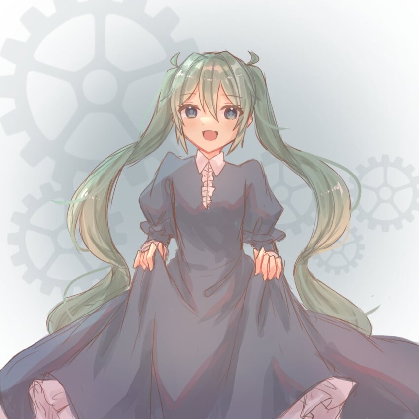 1girl :d aqua_eyes aquamarinu blue_dress chaban_capriccio_(vocaloid) clockworker&#039;s_doll dress evillious_nendaiki fang gears green_hair grey_background hatsune_miku heartbeat_clocktower_(vocaloid) highres houtei_no_nushi juliet_sleeves long_hair long_sleeves looking_at_viewer master_of_the_court_(vocaloid) open_mouth petticoat puffy_sleeves skin_fang skirt_hold smile solo twintails very_long_hair victorian vocaloid