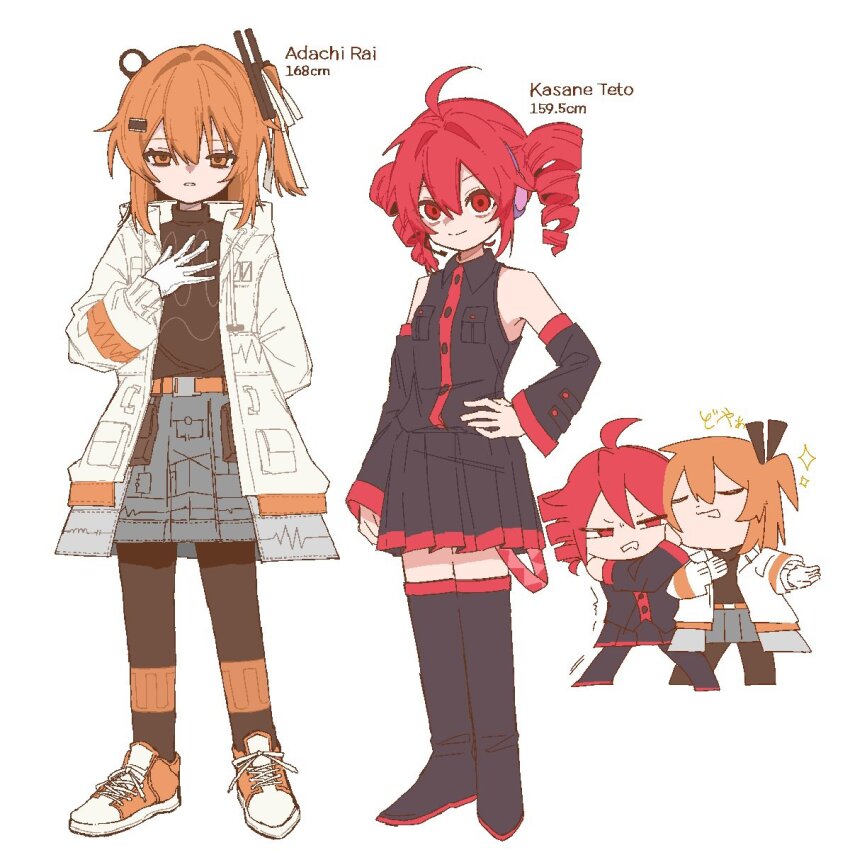 2girls a.i._voice adachi_rei ahoge black_pantyhose black_shirt boots character_name chibi chibi_inset colored_shoe_soles detached_sleeves drill_hair full_body grey_shirt grey_skirt grey_sleeves hand_on_own_chest hand_on_own_hip height_chart highres jacket kasane_teto kasane_teto_(utau) kuuurusuke long_sleeves looking_at_another miniskirt multiple_girls multiple_views one_side_up open_clothes open_jacket orange_eyes orange_hair orange_shoes pantyhose pleated_skirt red_eyes red_hair shirt shoes skirt sleeveless sleeveless_shirt sneakers standing thigh_boots twin_drills utau white_background white_jacket