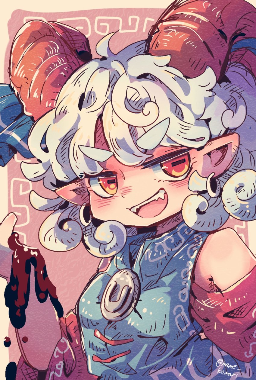 1girl blue_dress breasts commentary_request curly_hair detached_sleeves dress earrings eye_print highres horizontal_pupils horn_ornament horn_ribbon horns jewelry mame_komari mandarin_collar meandros oil one-hour_drawing_challenge open_mouth patterned_clothing pointy_ears rectangular_pupils red_eyes red_horns red_sleeves ribbon sharp_teeth sheep_horns small_breasts solo teeth thick_eyebrows touhou toutetsu_yuuma upper_body white_hair