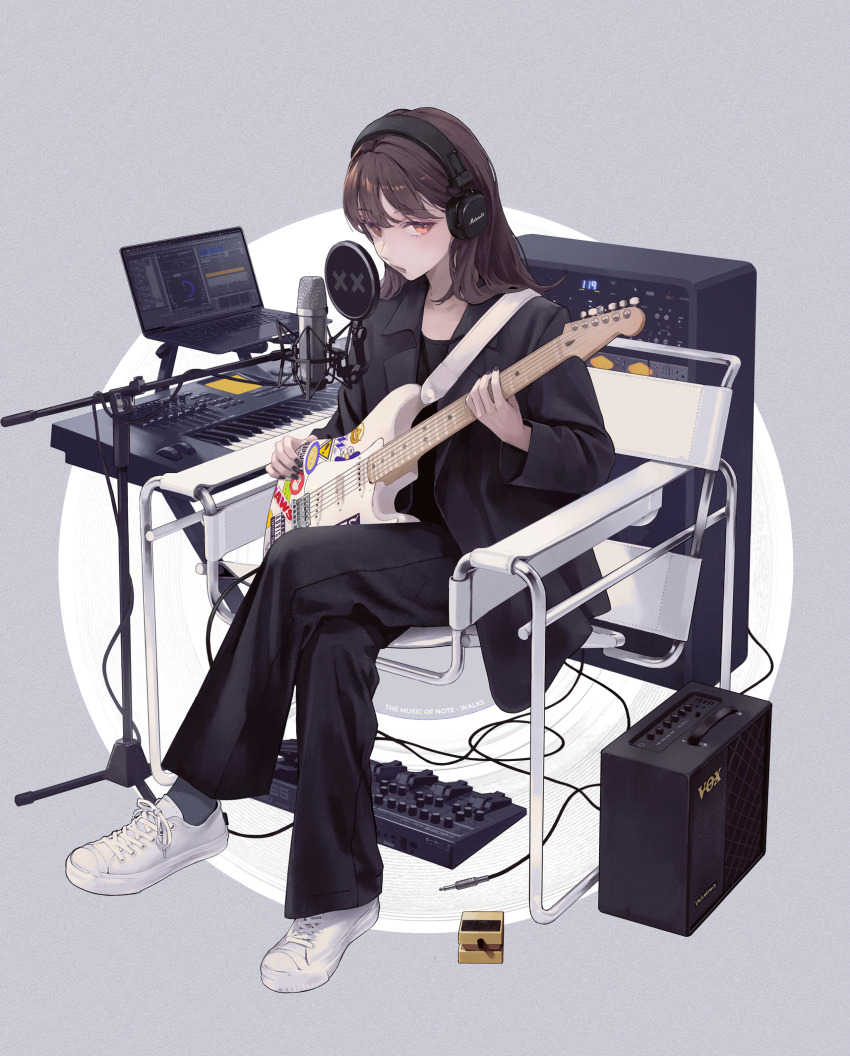 1girl amplifier black_jacket black_nails black_pants black_shirt brown_hair chair commentary_request commission computer effects_pedal electric_guitar full_body grey_background guitar headphones highres holding holding_guitar holding_instrument instrument jacket keyboard_(instrument) laptop long_hair looking_at_viewer marshall_amplification microphone microphone_stand music open_mouth orange_eyes original pants pedal_board pop_filter shirt shoes singing sitting skeb_commission sneakers solo sugai_(4ugaii) two-tone_background white_background white_shoes