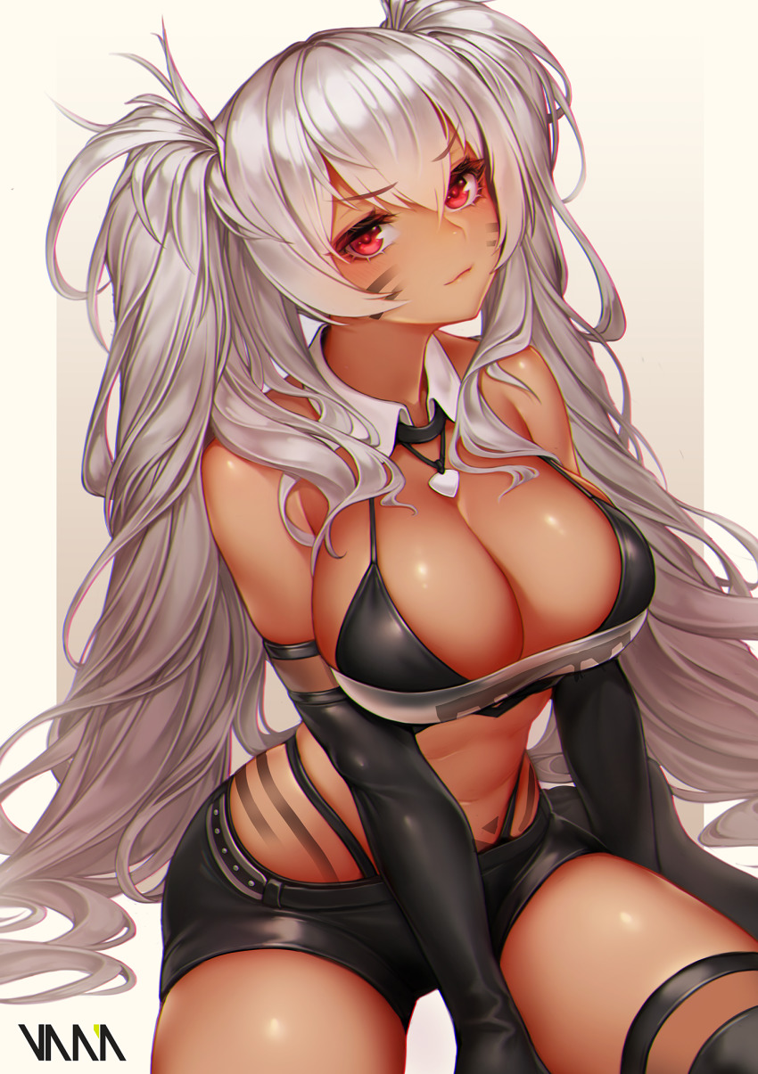 1girl alabama_(azur_lane) arm_warmers azur_lane bandeau bare_shoulders bikini bikini_top_only bikini_under_clothes black_bikini black_shorts breasts cleavage dark-skinned_female dark_skin detached_collar facial_mark female_focus highleg highleg_bikini highres large_breasts long_hair looking_at_viewer red_eyes short_shorts shorts silver_hair smile solo strapless string_bikini swimsuit thigh_strap thighs thong_bikini tube_top twintails v-shaped_eyebrows vana very_long_hair