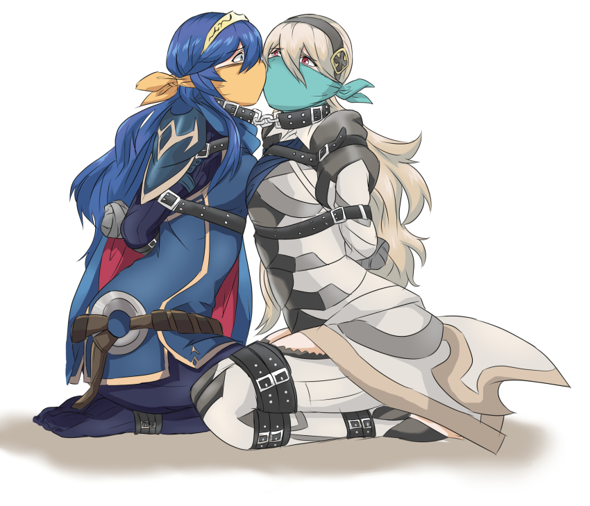 arms_behind_back bdsm belt bondage bound bound_ankles bound_arms bound_legs cape cloth_gag female_corrin_(fire_emblem) fire_emblem fire_emblem_awakening fire_emblem_fates gag gagged highres improvised_gag lucina_(fire_emblem) multiple_belts nintendo original over_the_nose_gag ryner-e taped_fingers worried