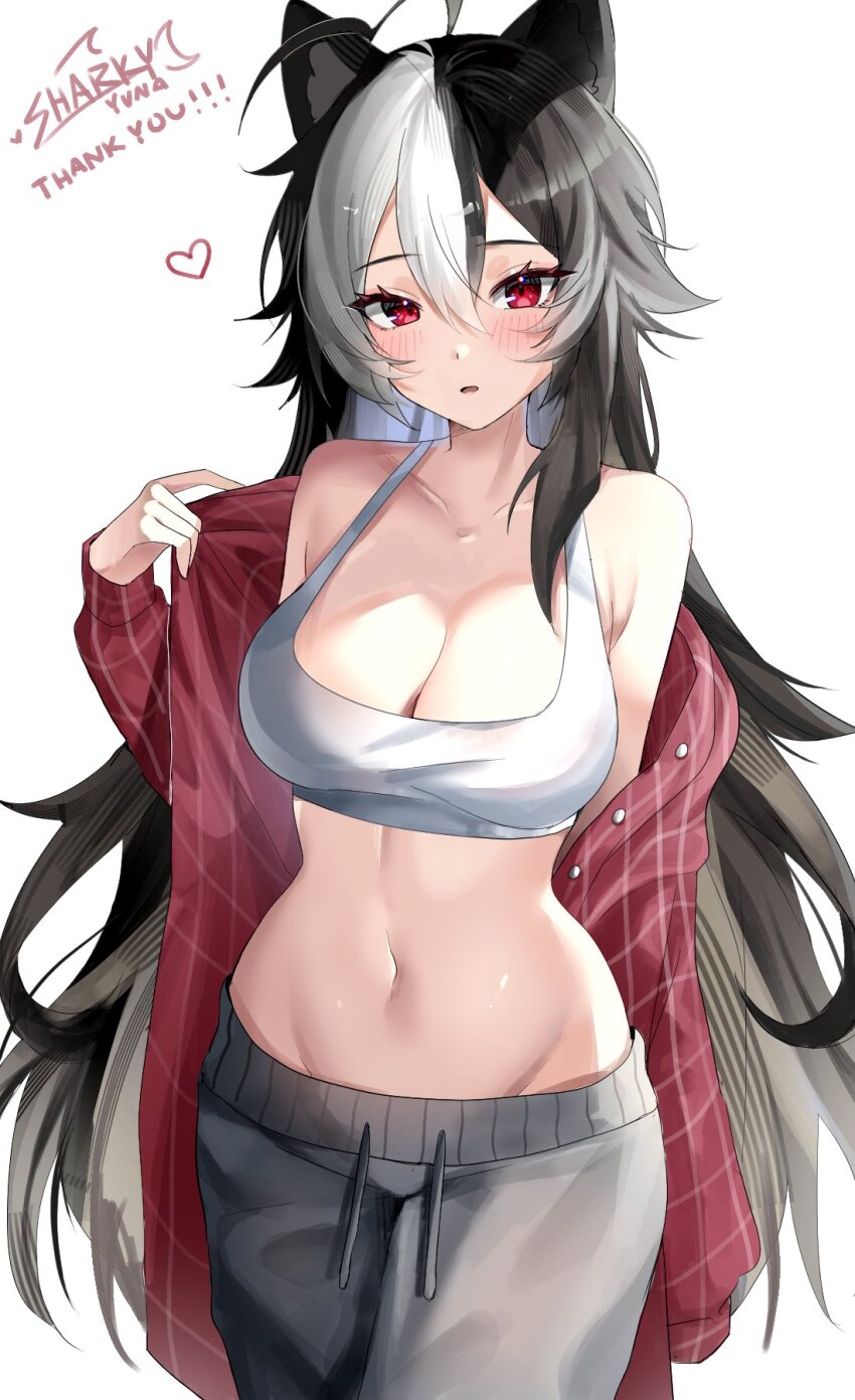 1girl bare_shoulders black_hair blush breasts cleavage collarbone commentary commission cowboy_shot crop_top double-parted_bangs grey_pants hair_between_eyes heart highres indie_virtual_youtuber large_breasts long_hair long_sleeves looking_at_viewer momote_(vtuber) multicolored_hair navel pants parted_lips red_eyes red_shirt sharkyyuna shirt shirt_partially_removed simple_background solo stomach tank_top two-tone_hair virtual_youtuber white_background white_hair white_tank_top
