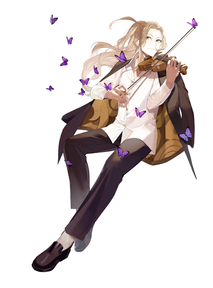 1boy absurdres black_jacket black_pants black_shoes bow_(music) bug butterfly closed_mouth collared_shirt fate/grand_order fate_(series) full_body green_eyes highres holding holding_instrument holding_violin insect instrument invisible_chair jacket jacket_on_shoulders knee_up loafers long_hair long_sleeves looking_at_viewer male_focus open_collar pants ponytail purple_butterfly shirt shoes sidelocks simple_background sitting solo violin white_background white_shirt wing_collar wolfgang_amadeus_mozart_(fate) yukkuri_(fumoyun)