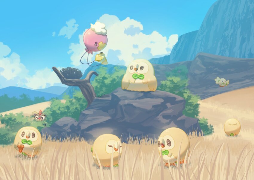 branch bright_pupils brown_eyes bush cloud commentary_request day drifloon gen_4_pokemon gen_6_pokemon gen_7_pokemon highres litleo looking_up mokukitusui nest nintendo no_humans outdoors pokemon pokemon_(creature) rock rowlet sky standing walking white_pupils
