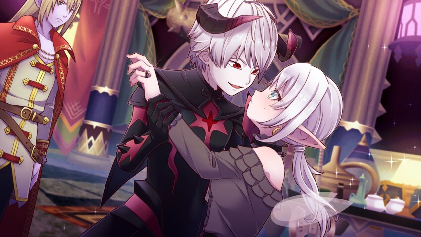 1girl 2boys aqua_eyes azbar_(dragon_quest) black_horns blonde_hair blurry blurry_background blush bodysuit cape choker collarbone colored_skin commentary_request demon_boy dragon_quest dragon_quest_x earrings elf_(dq10) eye_contact fairy_wings frilled_choker frilled_shirt frills gem gold_earrings grey_shirt hand_on_another&#039;s_face highres holding_another&#039;s_wrist hoop_earrings horns indoors jealous jewelry long_hair looking_at_another love_triangle low_twintails mami_(mamisan_www) multiple_boys off_shoulder open_mouth pale_skin pink_skin pointy_ears profile red_cape red_eyes red_gemstone ring risoru_(dq10) shirt short_hair sparkle sweatdrop twintails upper_body white_hair wings