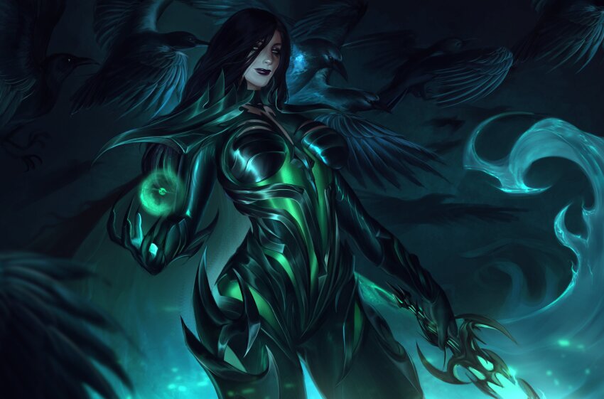 1girl absurdres bird black_bodystocking black_hair black_lips bodysuit breasts crow dagger green_bodysuit green_eyes green_light green_lines hela_(marvel) highres holding holding_dagger holding_knife holding_weapon knife large_breasts long_hair looking_at_viewer marvel marvel_rivals sleinyeswownc smile solo thor_(marvel)_(series) very_long_cape weapon