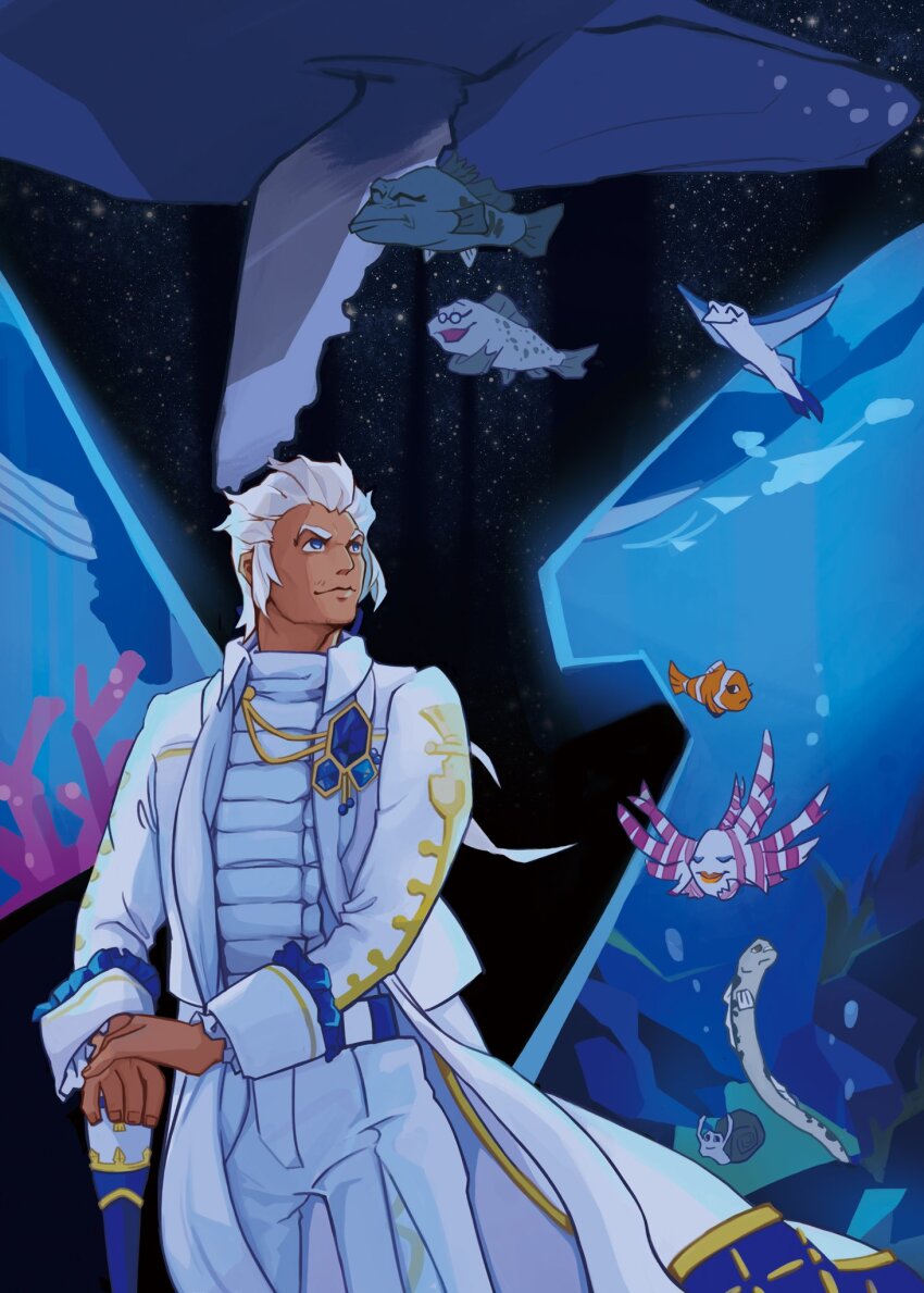 1boy aquarium blue_eyes blue_ribbon cane classicaloid closed_mouth clownfish coat dark-skinned_male dark_skin eel fish flying_fish highres johann_sebastian_bach_(classicaloid) lionfish long_sleeves male_focus ponytail ribbon shorts snail solo whale white_coat white_hair white_shorts wolfgangcotton