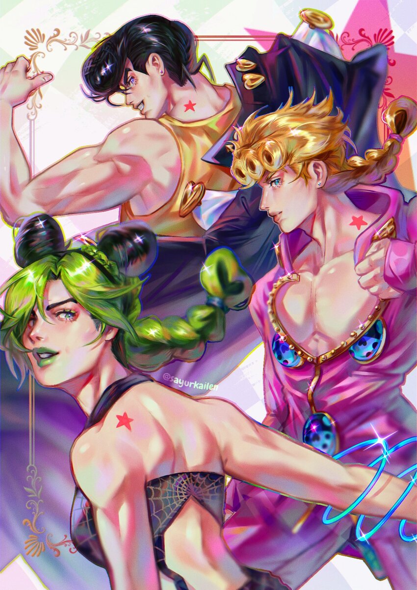 1girl 2boys birthmark black_hair blonde_hair blue_eyes braid braided_bun diamond_wa_kudakenai double_bun earrings giorno_giovanna giorno_giovanna&#039;s_pose green_hair green_lips grin hair_bun hair_tie halterneck higashikata_josuke highres jacket jewelry joestar_birthmark jojo_no_kimyou_na_bouken jojo_pose kuujou_jolyne looking_at_viewer looking_back multicolored_hair multiple_boys pectoral_cleavage pectorals pompadour purple_eyes sayurkailen smile stand_(jojo) star_(symbol) stone_free stone_ocean tank_top unworn_jacket vento_aureo