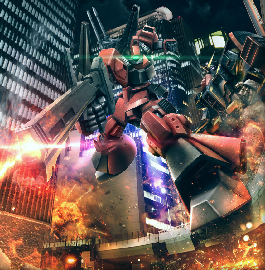 battle bazooka_(gundam) cityscape commentary_request damaged explosion firing glowing glowing_eye green_eyes gundam highres hiropon_(tasogare_no_puu) lens_flare machinery mecha mobile_suit photo_background psycho_gundam rick_dias robot science_fiction titans_(gundam) v-fin weapon zeta_gundam