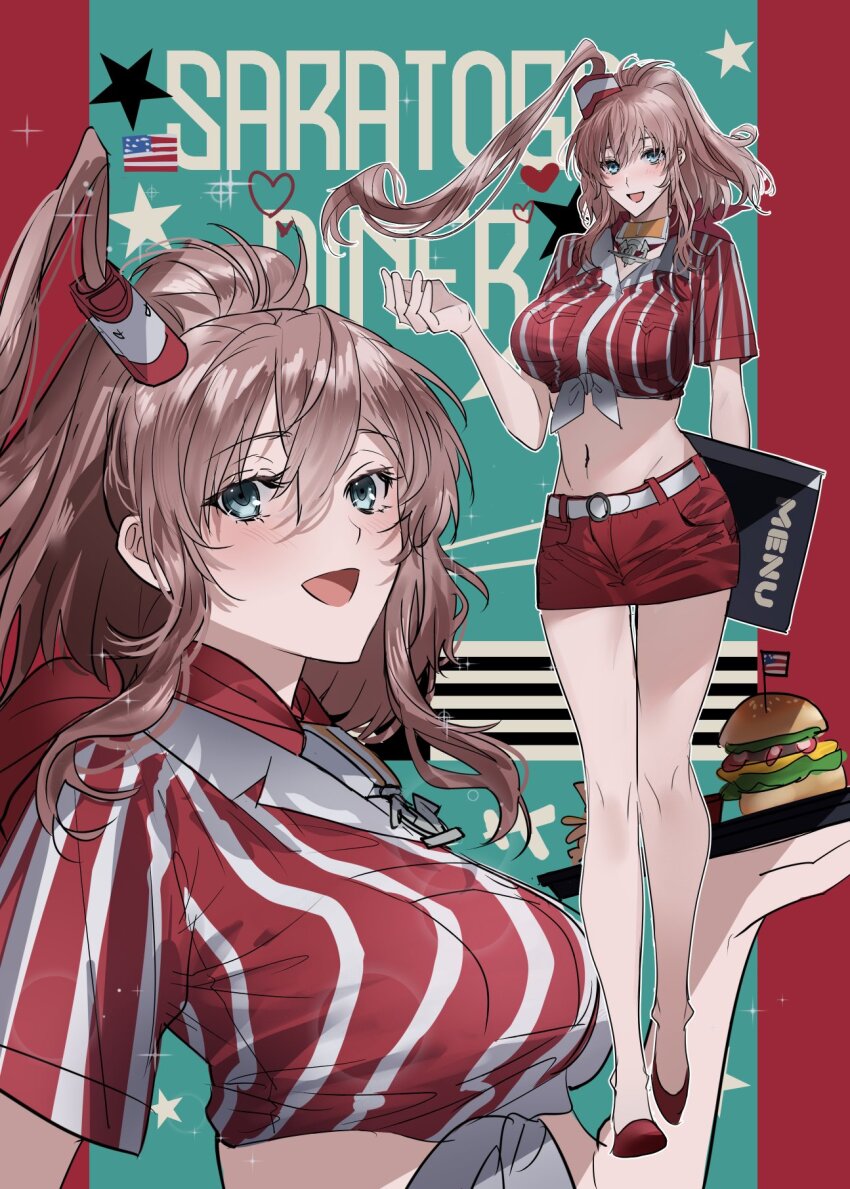 1girl alternate_costume american_flag arm_behind_back bare_legs blue_eyes blush breasts burger character_name commentary_request crop_top food french_fries front-tie_top hair_between_eyes highres holding holding_menu holding_tray ichimonme_(ichi) kantai_collection large_breasts looking_at_viewer menu midriff miniskirt multiple_views open_mouth ponytail red_footwear red_shirt red_skirt saratoga_(kancolle) shirt short_sleeves simple_background skirt standing star_(symbol) striped_clothes striped_shirt tray waitress
