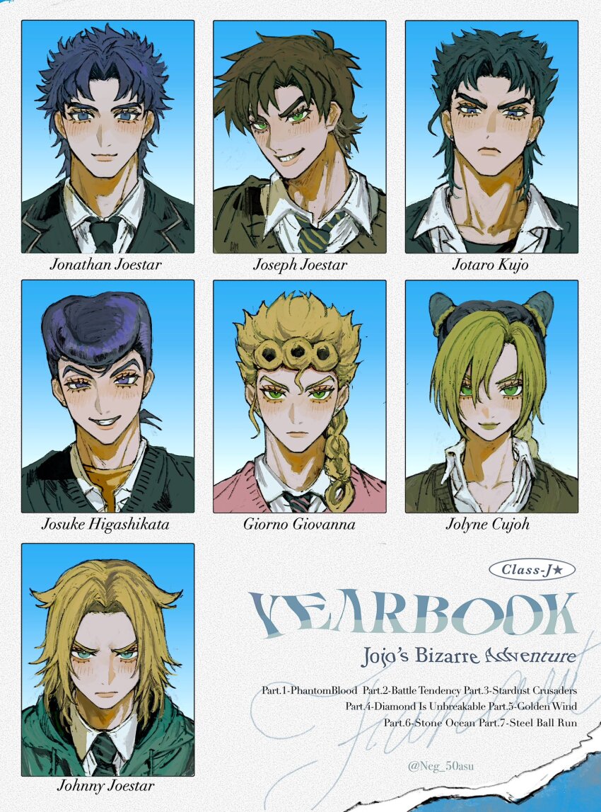 1girl 6+boys battle_tendency bishounen black_hair blazer blue_eyes blue_hair braid braided_bun braided_ponytail brown_hair character_name collared_shirt copyright_name curtained_hair diamond_wa_kudakenai double_bun earrings eyelashes father_and_daughter frown giorno_giovanna grandfather_and_grandson green_eyes green_hair green_jacket green_lips grin hair_bun half-closed_eyes higashikata_josuke highres hood hood_down hooded_jacket jacket jewelry johnny_joestar jojo_no_kimyou_na_bouken jonathan_joestar joseph_joestar joseph_joestar_(young) kuujou_jolyne kuujou_joutarou lipstick looking_at_viewer makeup multicolored_hair multiple_boys necktie neg_50asu parted_bangs phantom_blood photo_(object) pink_sweater pompadour portrait purple_eyes shirt short_hair single_braid smile stardust_crusaders steel_ball_run stone_ocean stud_earrings sweater two-tone_hair v-shaped_eyebrows vento_aureo white_shirt yearbook