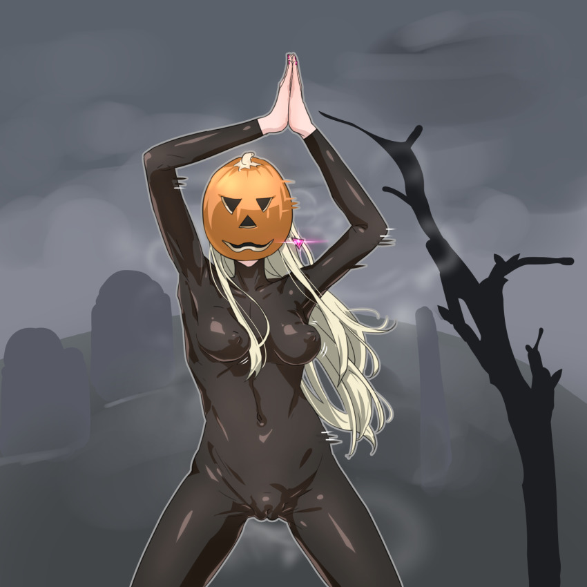 1girl arms_up black_bodysuit blonde_hair bodysuit breasts cameltoe covered_navel dancing earrings fog gigi_andalusia graveyard gundam gundam_hathaway&#039;s_flash halloween highres jack-o&#039;-lantern jewelry long_hair mask meme meme_attire outdoors own_hands_together pumpkin pumpkin_dance_(meme) pumpkin_mask solo standing yamada_(gotyui)