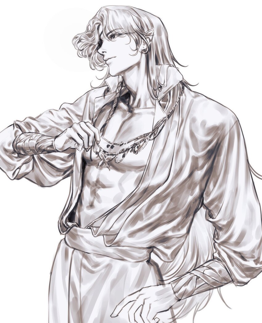 1boy absurdres bracer braid chinese_clothes closed_mouth cowboy_shot earrings eyepatch hand_on_own_hip highres hua_cheng jewelry jigam long_hair long_sleeves looking_ahead male_focus monochrome necklace open_clothes pectorals pointy_ears solo tianguan_cifu toned toned_male
