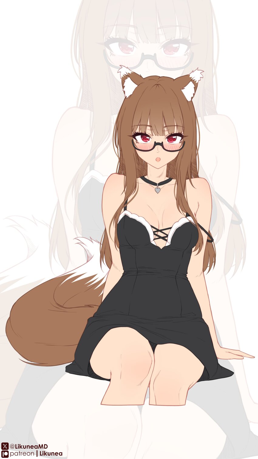 1girl :o absurdres animal_ears arm_support black-framed_eyewear black_choker black_dress blush breasts brown_hair choker commentary cropped_legs dress english_commentary glasses heart highres holo large_breasts likunea long_hair looking_at_viewer open_mouth patreon_logo patreon_username pendant_choker red_eyes semi-rimless_eyewear sitting sleeveless sleeveless_dress spice_and_wolf tail twitter_username twitter_x_logo under-rim_eyewear very_long_hair wolf_ears wolf_girl wolf_tail zoom_layer