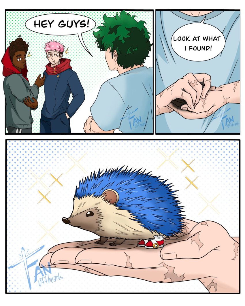 3boys 3koma animal black_hair blue_fur boku_no_hero_academia comic crossover dark_skin fan0fthearts green_hair hedgehog holding holding_animal indoors itadori_yuuji jujutsu_kaisen marvel midoriya_izuku miles_morales multiple_boys pink_hair red_shoes scar sega shirt shoes shounen_jump socks sonic_(series) sonic_the_hedgehog spider-man:_into_the_spider-verse spider-man_(series) spider-verse sweater