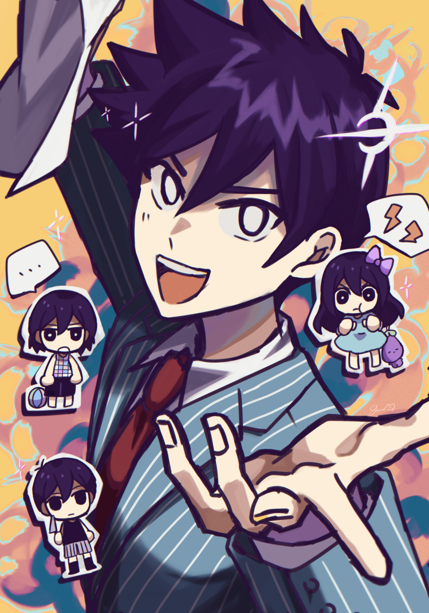 ... 1girl 3boys absurdres aubrey_(headspace)_(omori) aubrey_(omori) ball black_socks black_tank_top blue_shirt blue_suit bossman_hero bright_pupils chibi closed_mouth formal_clothes genk1zam4s hero_(headspace)_(omori) hero_(omori) highres holding holding_knife holding_paper kel_(headspace)_(omori) kel_(omori) knife long_shirt long_sleeves mr._plantegg_(omori) multiple_boys necktie omori omori_(omori) open_mouth paper pout purple_eyes purple_hair red_necktie shirt short_hair short_sleeves shorts socks speech_bubble spoken_ellipsis striped_clothes striped_shorts stuffed_eggplant stuffed_toy suit t-shirt tank_top teeth upper_body upper_teeth_only vertical-striped_clothes vertical-striped_shorts white_eyes white_pupils white_shorts