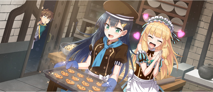 1boy 2girls apron ascot bare_shoulders black_hair blue_ascot blue_gloves bow bowtie breasts brown_bow brown_bowtie brown_shirt cecily_(konosuba) cookie detached_collar detached_sleeves food game_cg gloves green_eyes hair_ornament hairclip highres kono_subarashii_sekai_ni_shukufuku_wo! konosuba!_fantastic_days lia_(konosuba) light_blush long_hair medium_breasts multiple_girls official_art puffy_short_sleeves puffy_sleeves satou_kazuma shirt short_sleeves white_apron