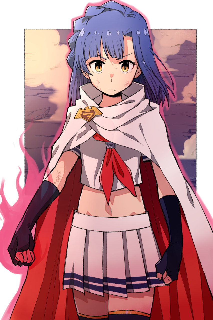 1girl badge billbung black_gloves blue_hair blunt_bangs border braid breasts cloak closed_mouth cowboy_shot dot_nose elbow_gloves eyelashes fingerless_gloves forehead gloves highres idol_heroes_(idolmaster) idolmaster idolmaster_million_live! idolmaster_million_live!_theater_days looking_at_viewer medium_hair midriff mighty_sailor nanao_yuriko navel outdoors outside_border parted_bangs pleated_skirt red_aura school_uniform scratches serafuku shirt short_sleeves single_braid skirt small_breasts solo standing thighhighs v-shaped_eyebrows white_border white_cloak white_serafuku white_shirt white_skirt yellow_eyes zettai_ryouiki