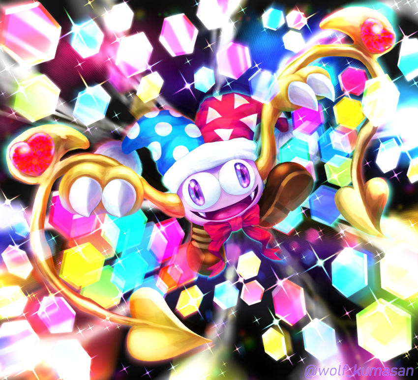 artist_name blue_headwear bow bowtie brown_footwear commentary_request fangs full_body hat hexagon jester_cap kirby_(series) kirby_super_star kumaoka_pon looking_at_viewer marx_(kirby) multicolored_headwear nintendo no_humans open_mouth polka_dot polka_dot_headwear purple_eyes red_bow red_bowtie red_headwear shoes smile sparkle spiked_wings spikes tongue triangle_print twitter_username wings yellow_wings