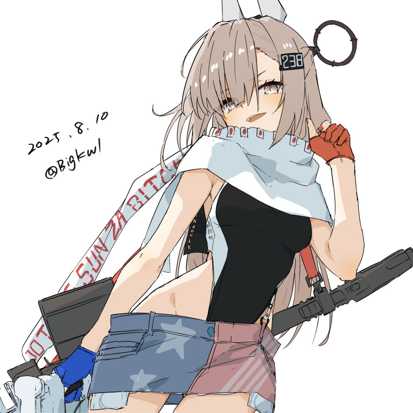 1girl absurdres american_flag american_flag_print american_flag_skirt artist_name asymmetrical_gloves bigkwl black_one-piece_swimsuit blue_gloves commentary_request dated denim denim_skirt exposed_pocket flag_print gloves grey_eyes highleg highleg_one-piece_swimsuit highres kantai_collection long_hair looking_at_viewer mismatched_gloves one-piece_swimsuit open_mouth orange_gloves print_skirt scarf simple_background skirt smile solo super_highleg swimsuit two-tone_one-piece_swimsuit wahoo_(kancolle) white_background white_scarf