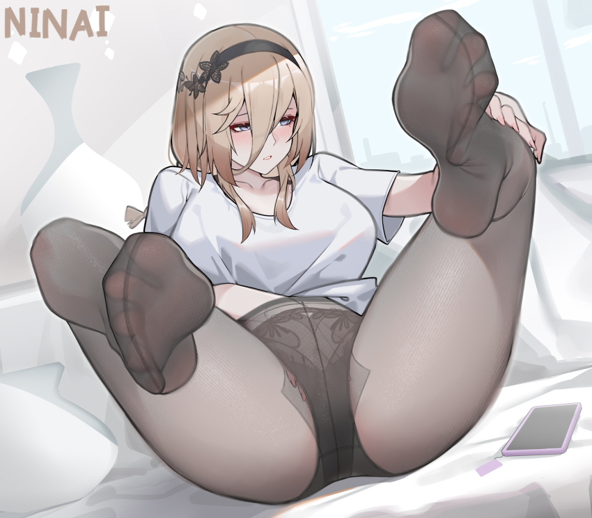 1girl aponia black_pantyhose brown_hair bug butterfly butterfly_hair_ornament feet foot_focus foreshortening full_body hair_ornament hairclip highres honkai_(series) honkai_impact_3rd insect lace lace-trimmed_panties lace_trim medium_hair ninai no_shoes panties pantyhose shirt soles spread_legs spread_toes toes underwear white_shirt