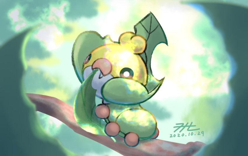 commentary_request dated eating fang from_behind gen_5_pokemon leaf looking_at_viewer looking_back nintendo no_humans null_suke one-hour_drawing_challenge pokemon pokemon_(creature) sewaddle signature